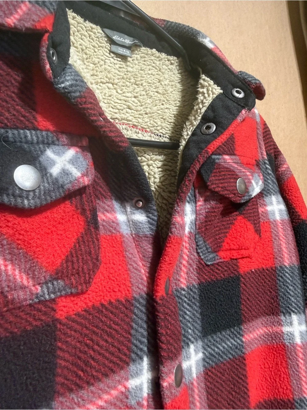 Eddie Bauer Red Black White Plaid Sherpa-Lined Shirt Jacket